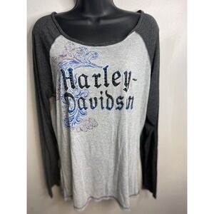 Harley Davidson Stone Embellished Grey Two Tone Long Sleeve Shirt Women's Sz XL